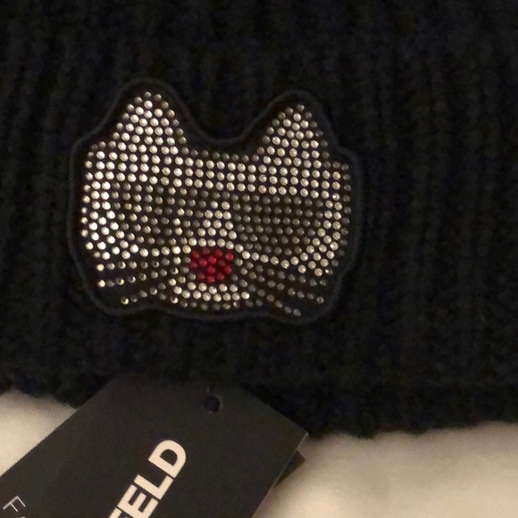 Karl Lagerfeld Paris Black Ribbed Beanie Choupette Patch Faux Fur Pom Pom OS NWT - Picture 14 of 16